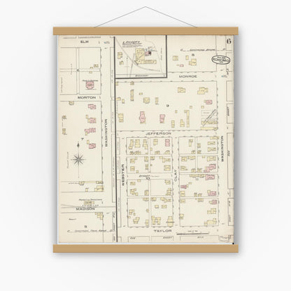 Old map wall art mockup — magnetic wood frame on white wall — Sanborn Fire Insurance Map from Kokomo, Howard County, Indiana (1885), Sheet #0006