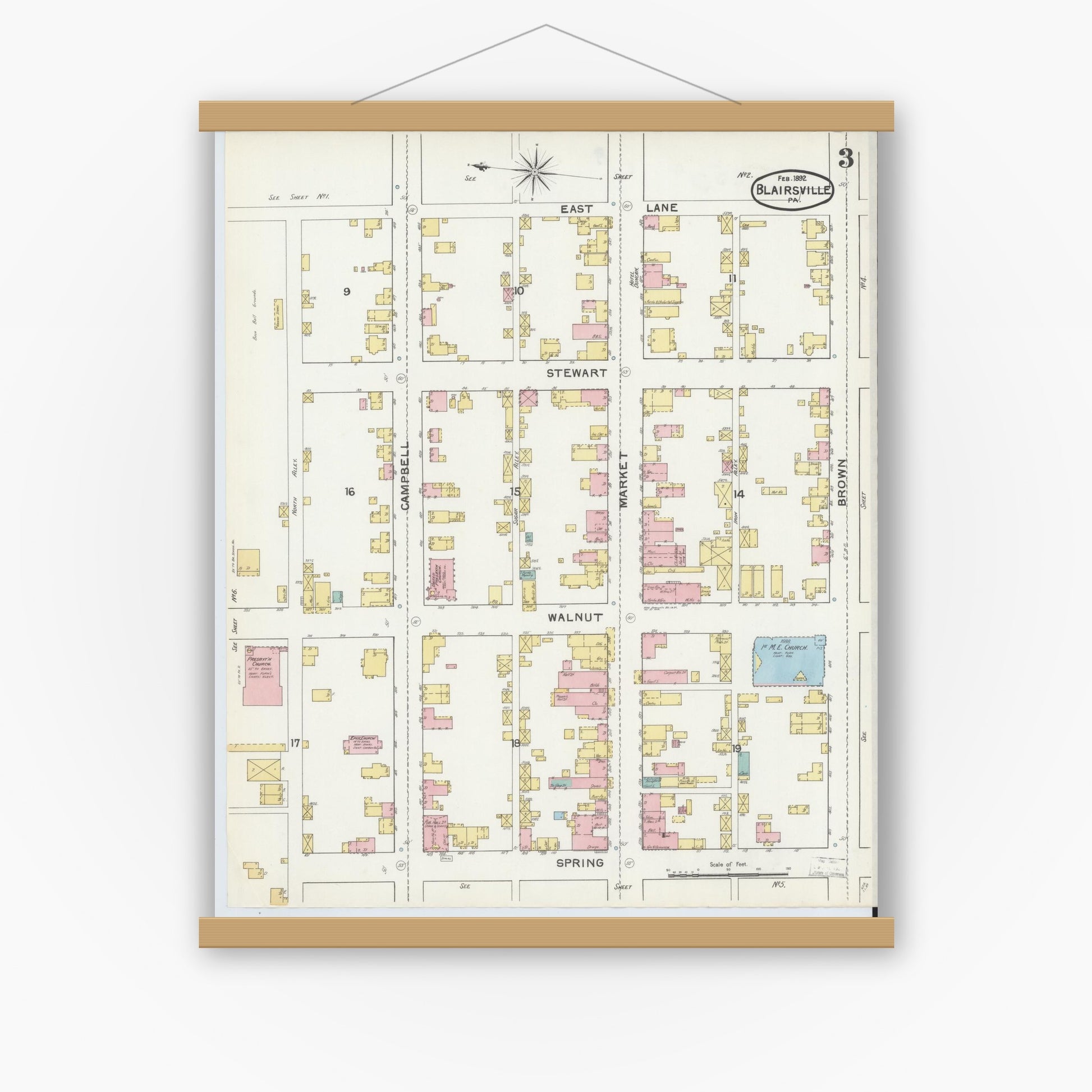 Old map wall art mockup — magnetic wood frame on white wall — Sanborn Fire Insurance Map from Blairsville, Indiana County, Pennsylvania (1892), Sheet #0003