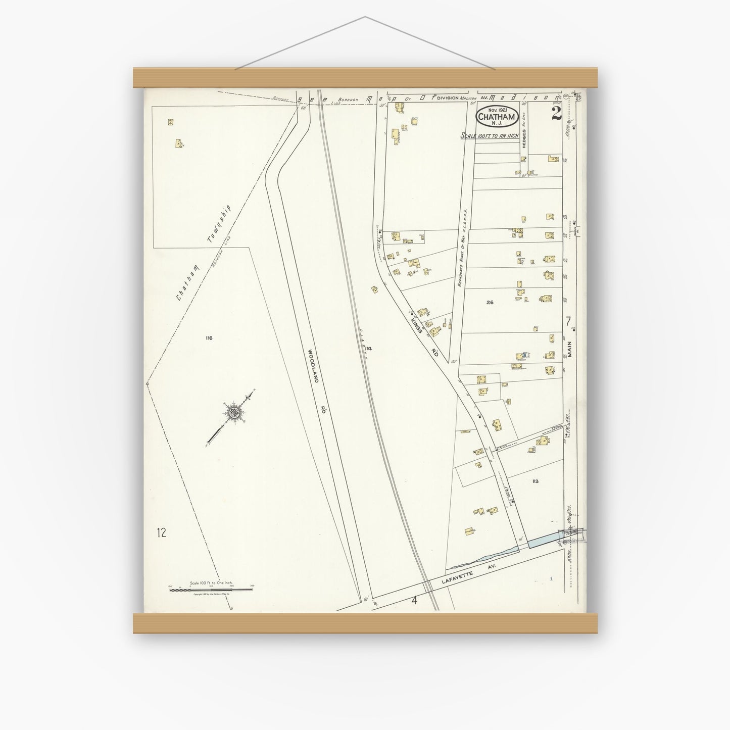 Old map wall art mockup — magnetic wood frame on white wall — Sanborn Fire Insurance Map from Chatham, Morris County, New Jersey (1921), Sheet #0002
