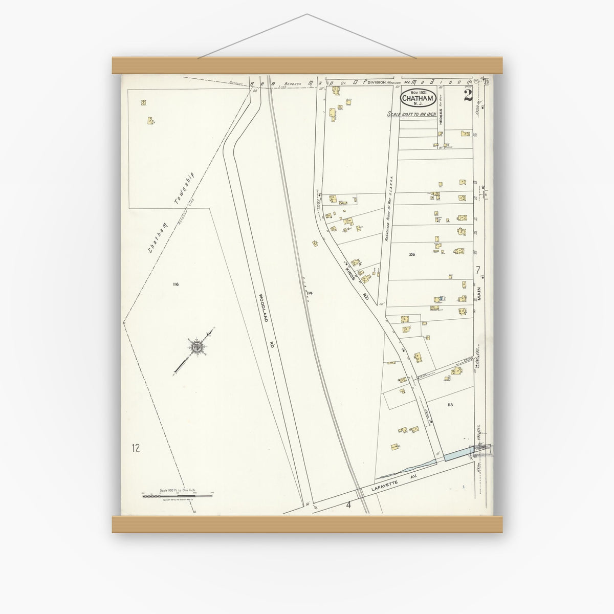 Old map wall art mockup — magnetic wood frame on white wall — Sanborn Fire Insurance Map from Chatham, Morris County, New Jersey (1921), Sheet #0002