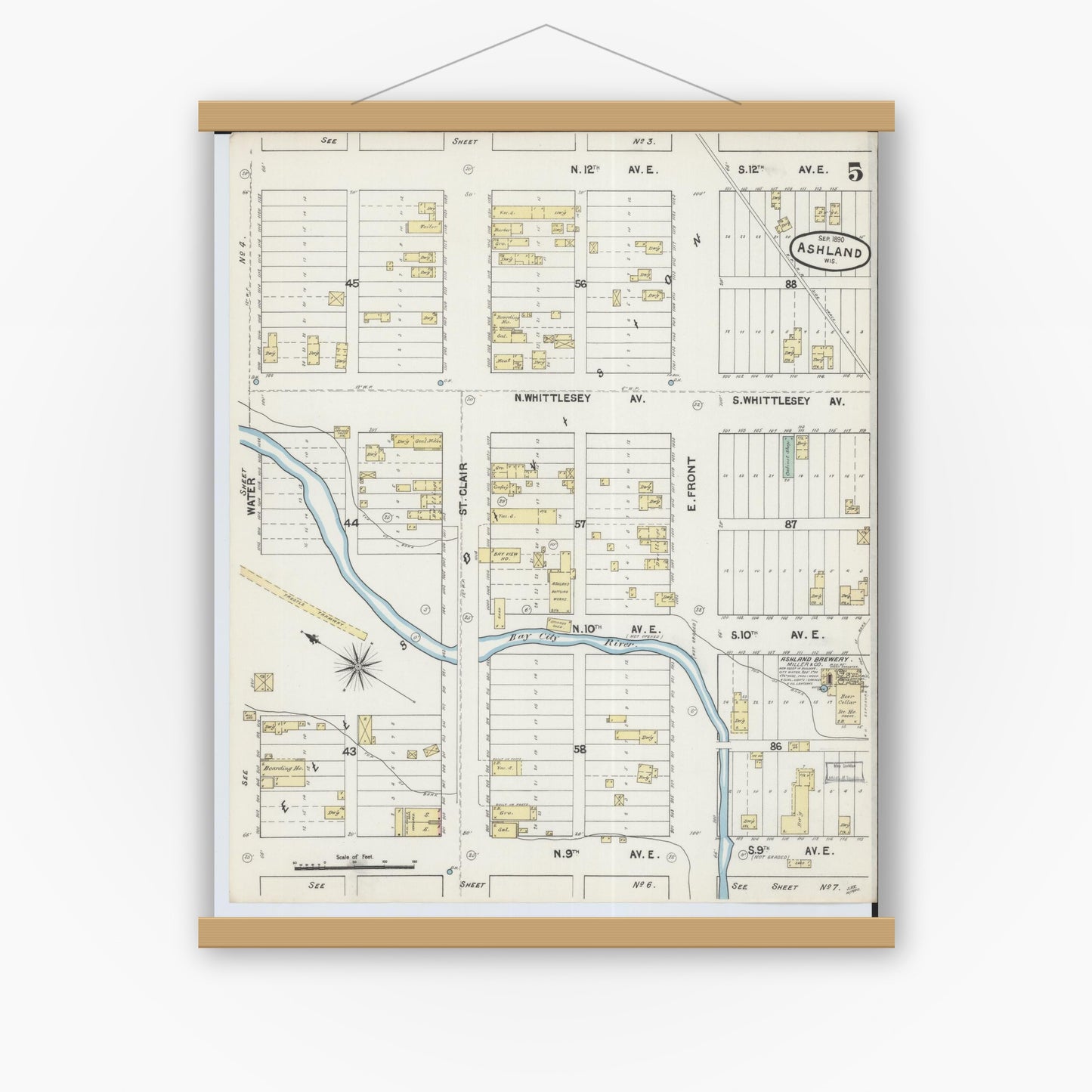 Old map wall art mockup — magnetic wood frame on white wall — Sanborn Fire Insurance Map from Ashland, Ashland County, Wisconsin (1890), Sheet #0005