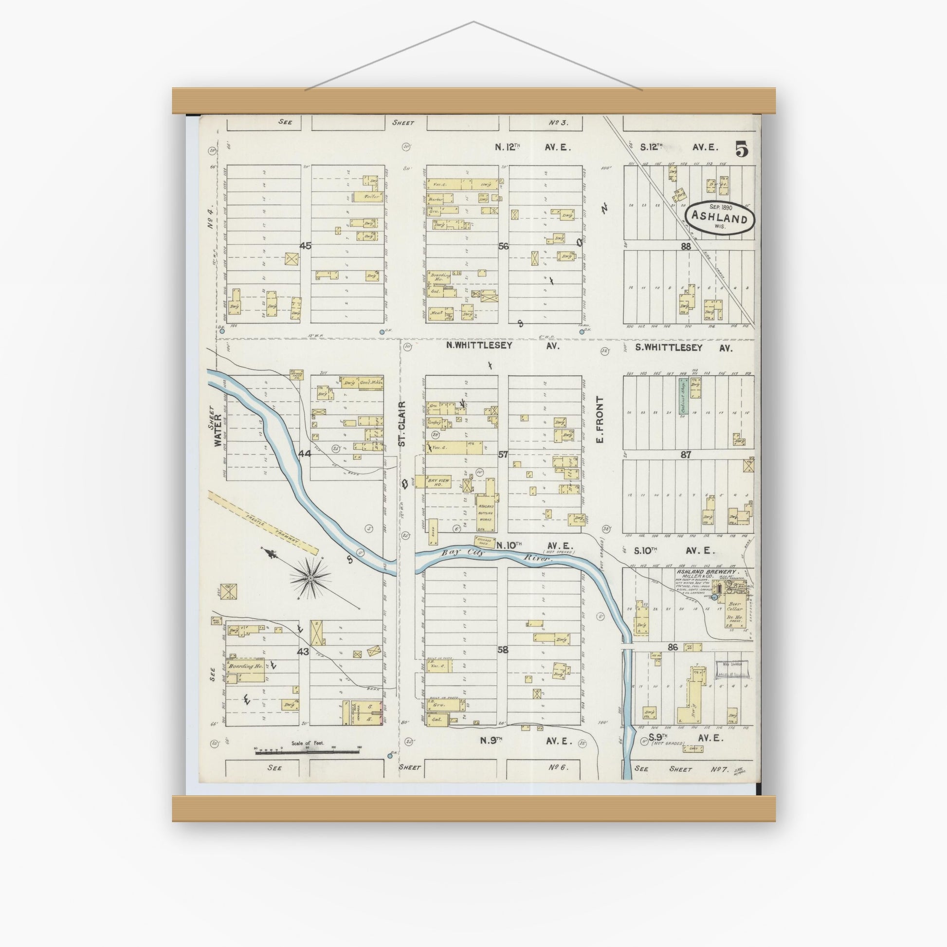 Old map wall art mockup — magnetic wood frame on white wall — Sanborn Fire Insurance Map from Ashland, Ashland County, Wisconsin (1890), Sheet #0005
