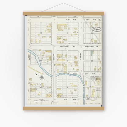 Old map wall art mockup — magnetic wood frame on white wall — Sanborn Fire Insurance Map from Ashland, Ashland County, Wisconsin (1890), Sheet #0005