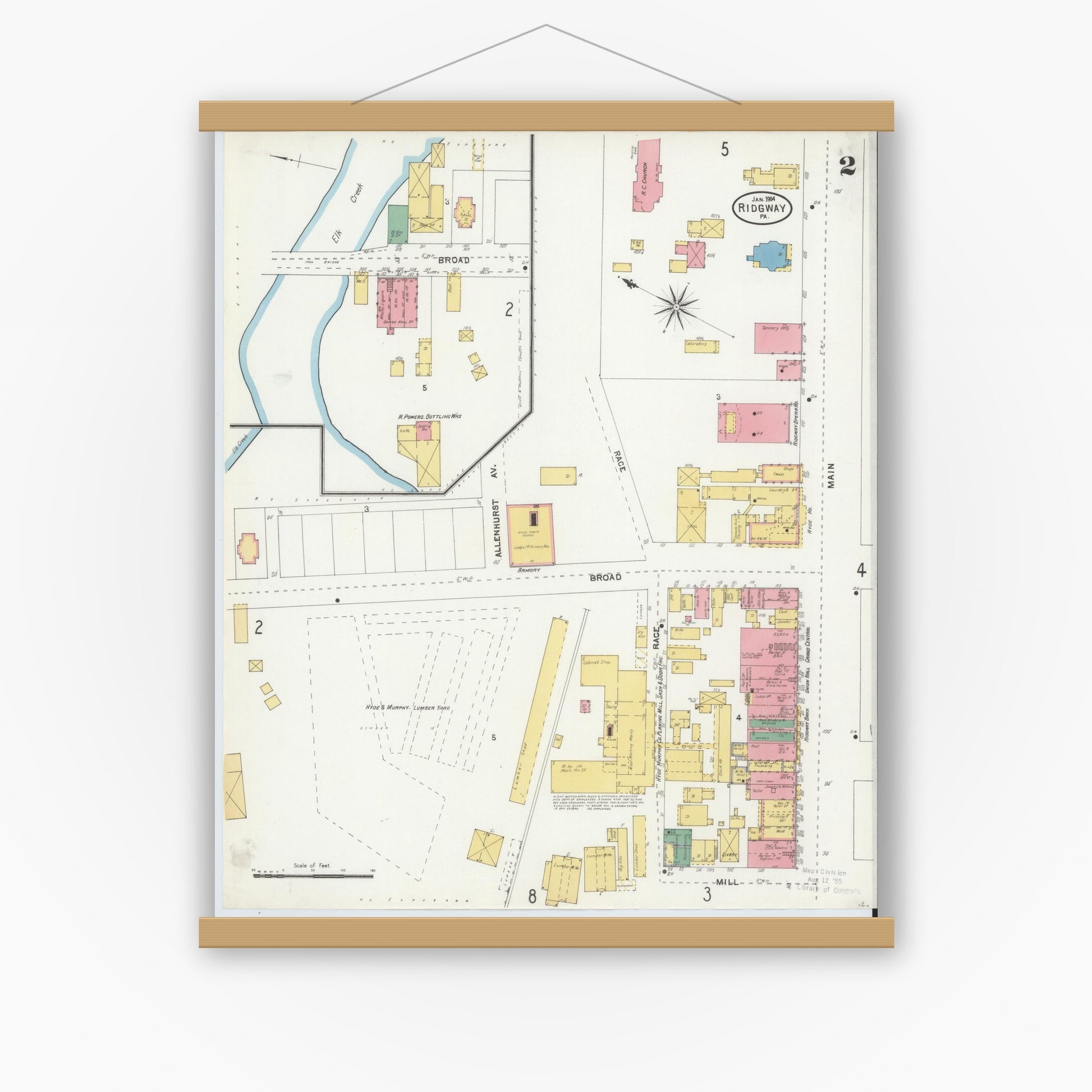 Old map wall art mockup — magnetic wood frame on white wall — Sanborn Fire Insurance Map from Ridgway, Elk County, Pennsylvania (1904), Sheet #0002