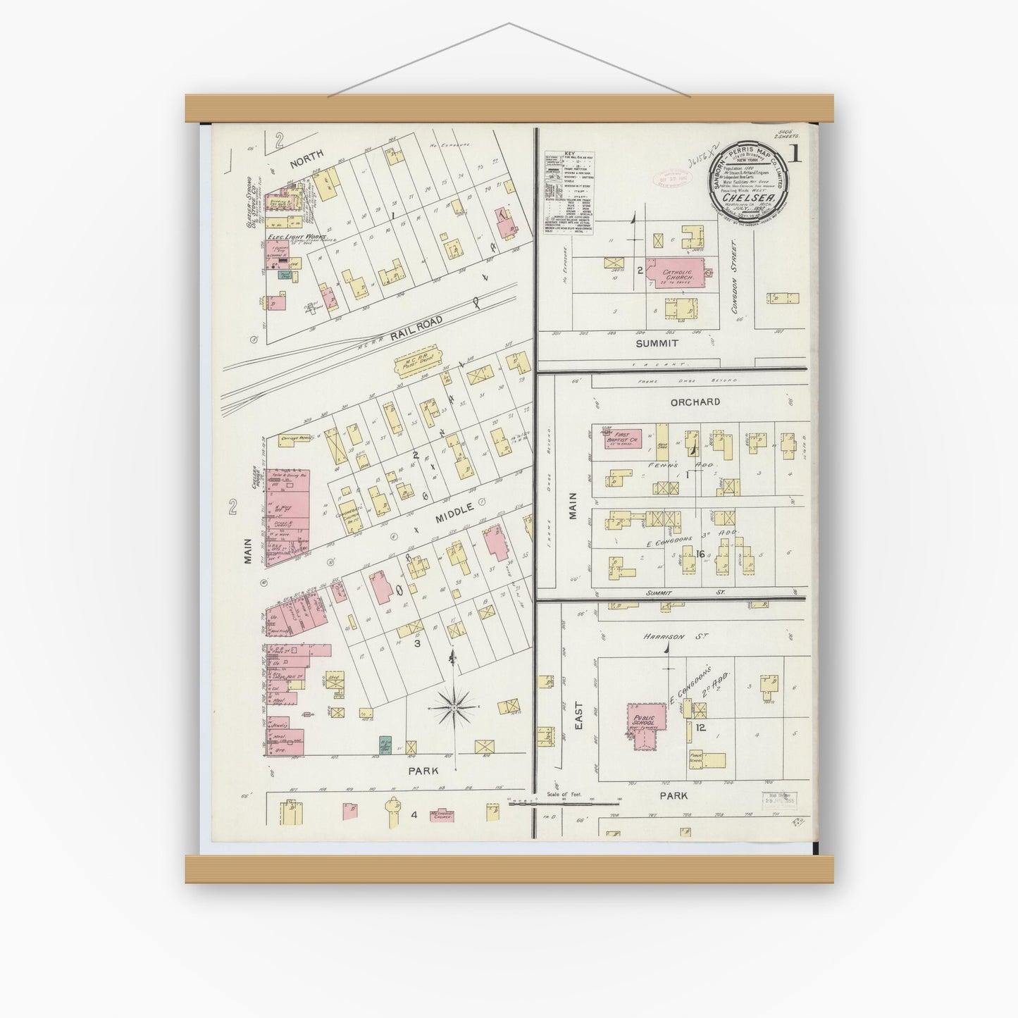 Old map wall art mockup — magnetic wood frame on white wall — Sanborn Fire Insurance Map from Chelsea, Washtenaw County, Michigan (1892), Sheet #0001