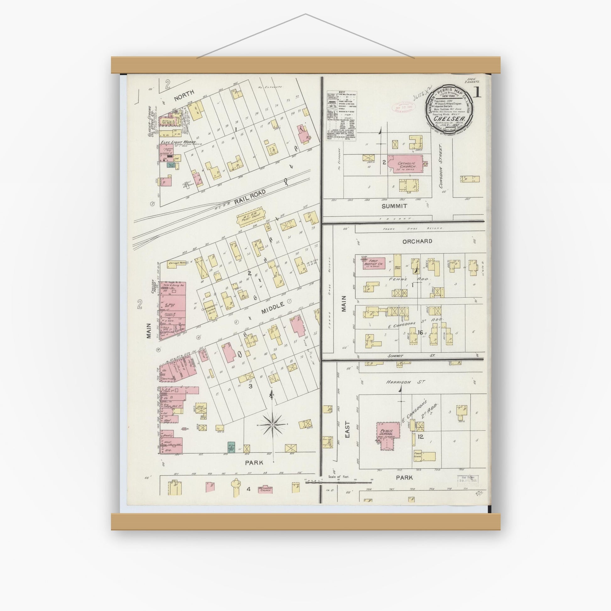 Old map wall art mockup — magnetic wood frame on white wall — Sanborn Fire Insurance Map from Chelsea, Washtenaw County, Michigan (1892), Sheet #0001