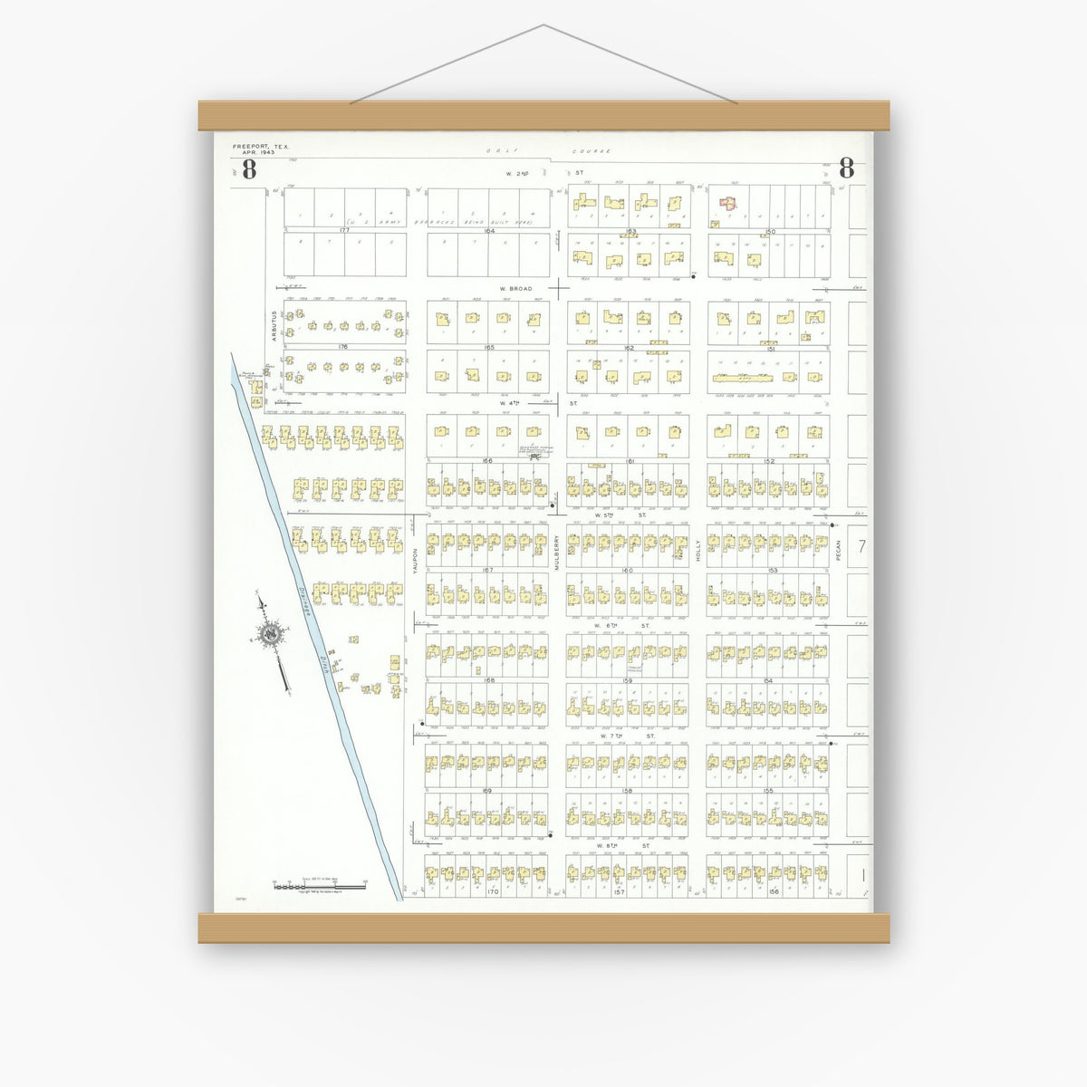 Old map wall art mockup — magnetic wood frame on white wall — Sanborn Fire Insurance Map from Freeport, Brazoria County, Texas (1943), Sheet #0008