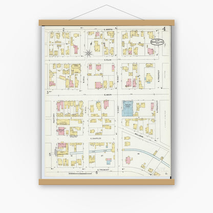 Old map wall art mockup — magnetic wood frame on white wall — Sanborn Fire Insurance Map from Massillon, Stark County, Ohio (1896), Sheet #0004
