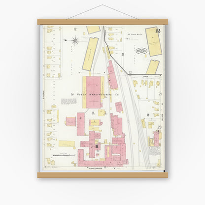 Old map wall art mockup — magnetic wood frame on white wall — Sanborn Fire Insurance Map from Marion, Marion County, Ohio (1908), Sheet #0012