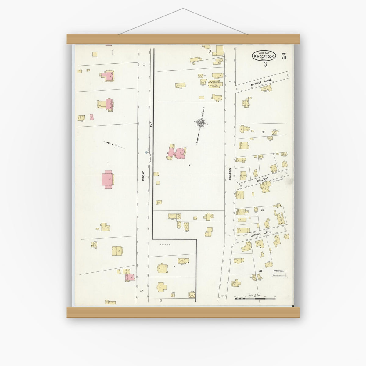 Old map wall art mockup — magnetic wood frame on white wall — Sanborn Fire Insurance Map from Kinderhook, Columbia County, New York (1912), Sheet #0005