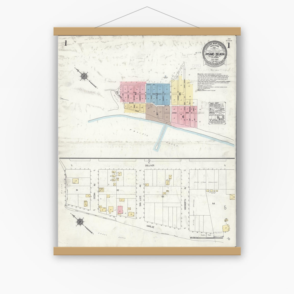 Old map wall art mockup — magnetic wood frame on white wall — Sanborn Fire Insurance Map from Pismo Beach, San Luis Obispo County, California (1924) - Complete Map Set