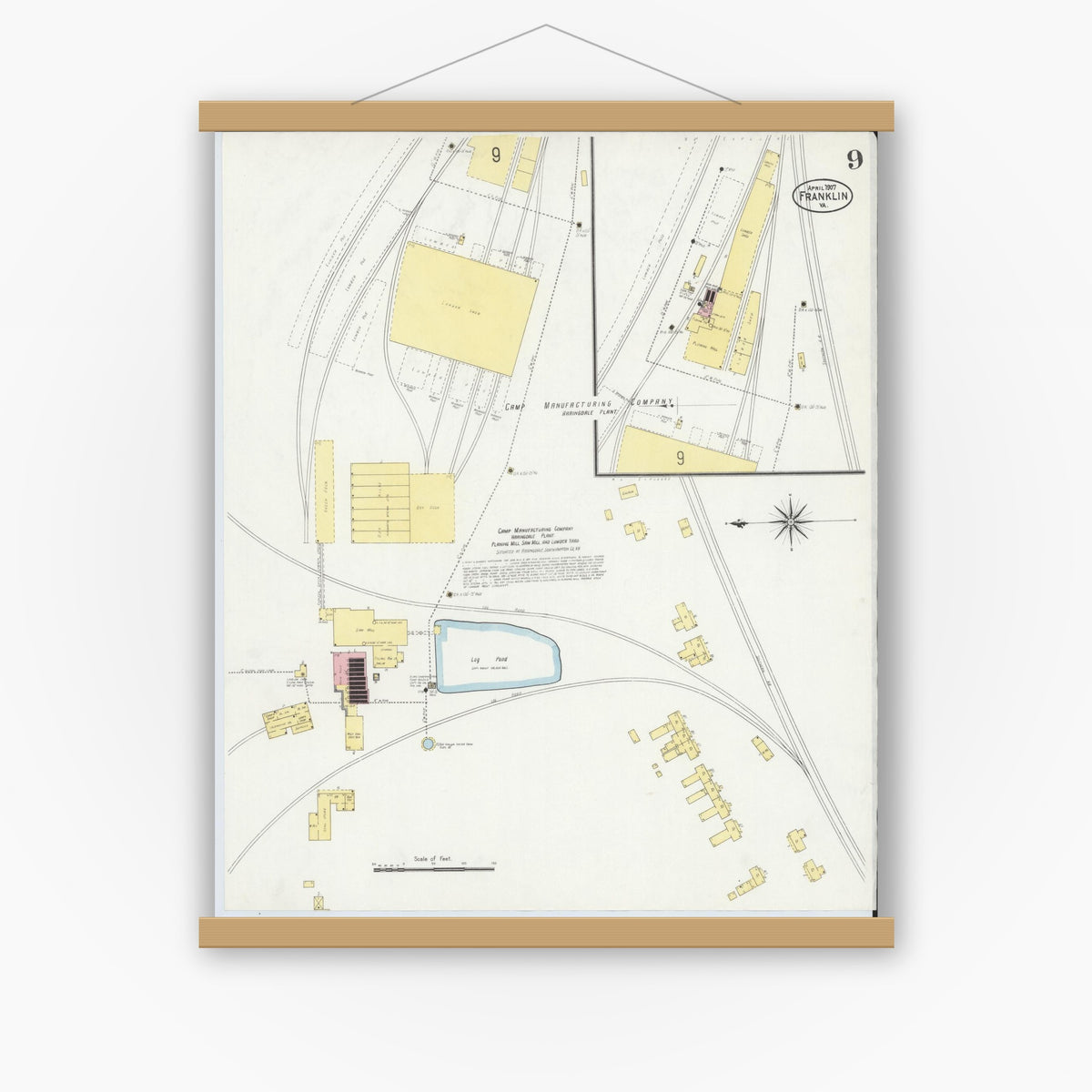 Old map wall art mockup — magnetic wood frame on white wall — Sanborn Fire Insurance Map from Franklin, Independent Cities, Virginia (1907), Sheet #0009