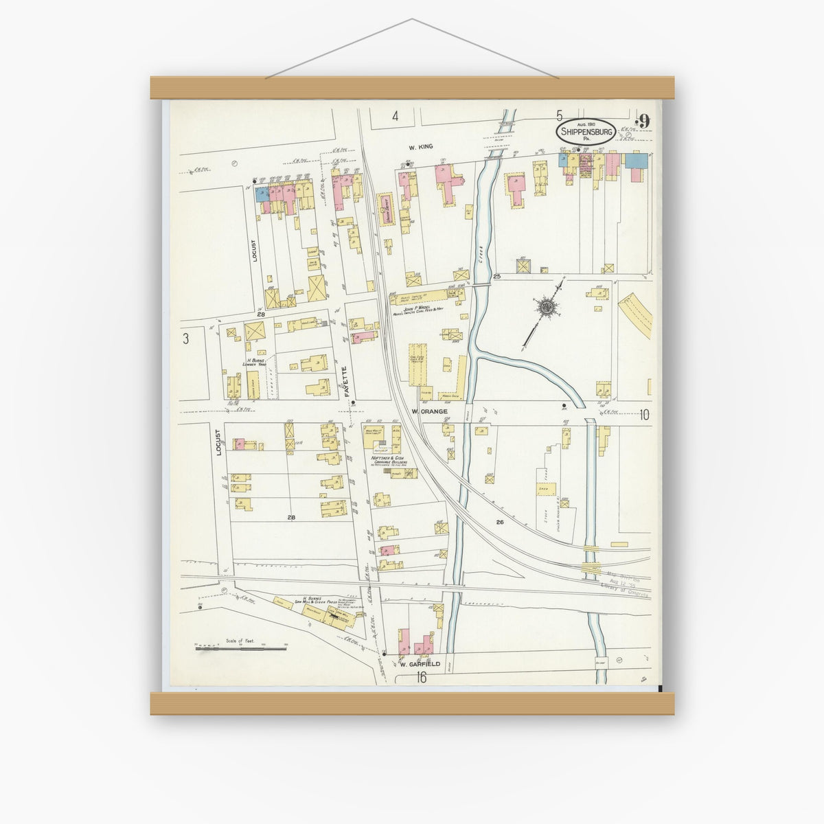Old map wall art mockup — magnetic wood frame on white wall — Sanborn Fire Insurance Map from Shippensburg, Cumberland And Franklin Counties, Pennsylvania (1910), Sheet #0009