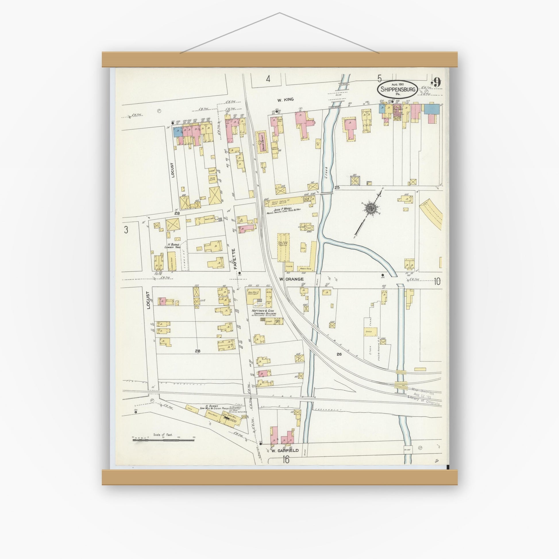Old map wall art mockup — magnetic wood frame on white wall — Sanborn Fire Insurance Map from Shippensburg, Cumberland And Franklin Counties, Pennsylvania (1910), Sheet #0009