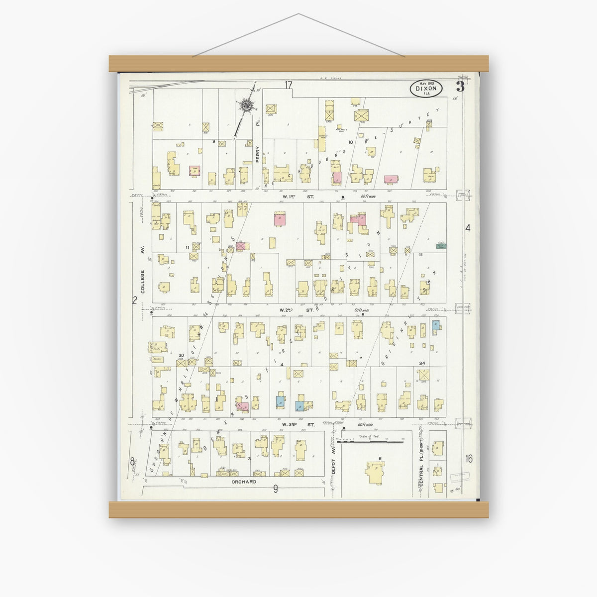 Old map wall art mockup — magnetic wood frame on white wall — Sanborn Fire Insurance Map from Dixon, Lee County, Illinois (1910), Sheet #0003