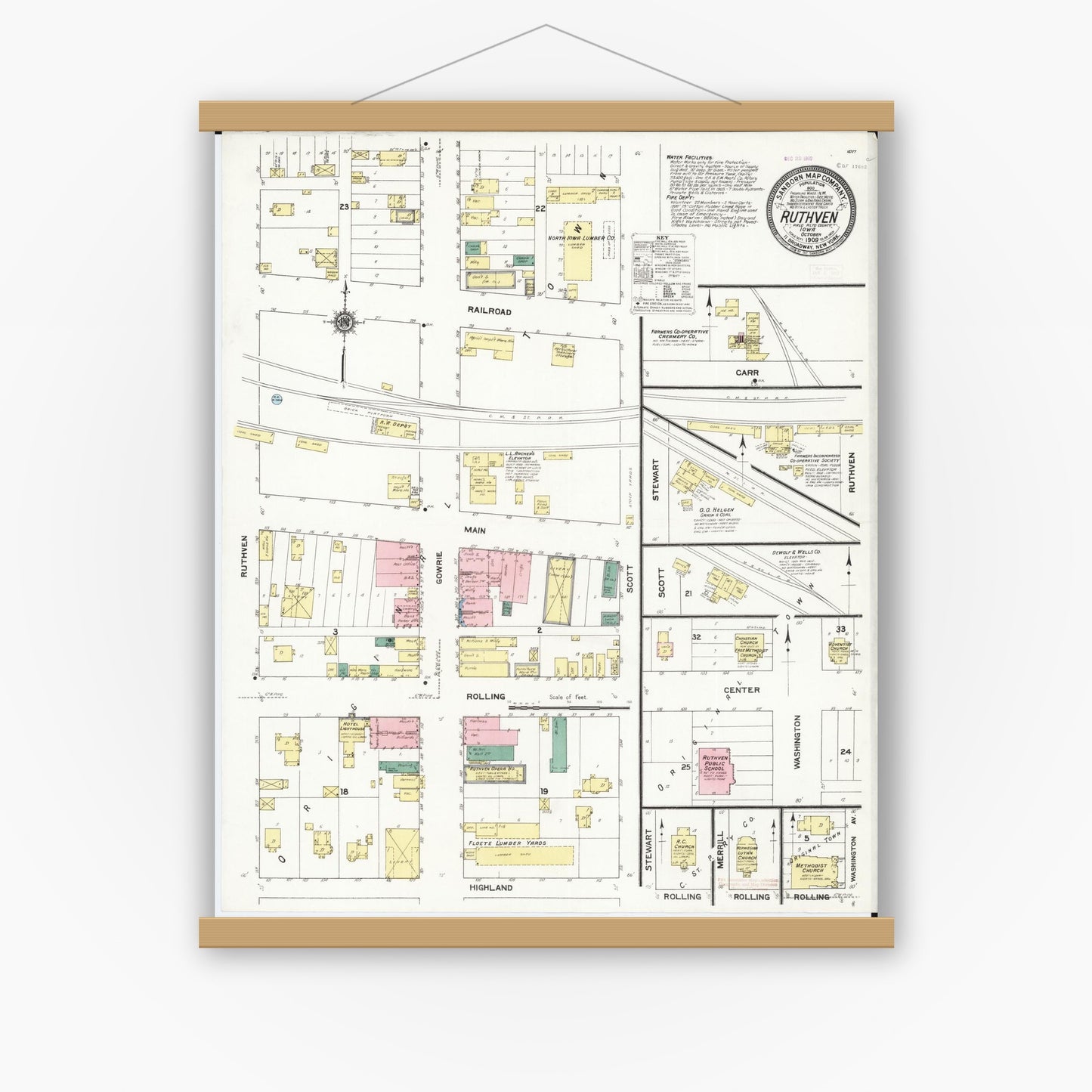 Old map wall art mockup — magnetic wood frame on white wall — Sanborn Fire Insurance Map from Ruthven, Palo Alto County, Iowa (1909), Sheet #0001