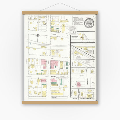 Old map wall art mockup — magnetic wood frame on white wall — Sanborn Fire Insurance Map from Ruthven, Palo Alto County, Iowa (1909), Sheet #0001