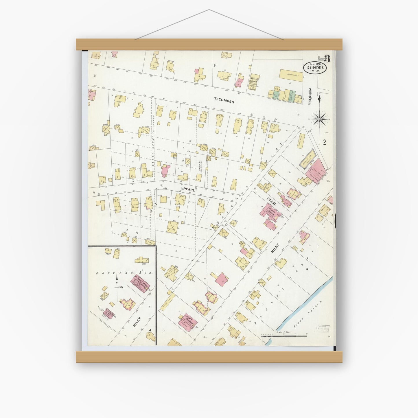 Old map wall art mockup — magnetic wood frame on white wall — Sanborn Fire Insurance Map from Dundee, Monroe County, Michigan (1908), Sheet #0003