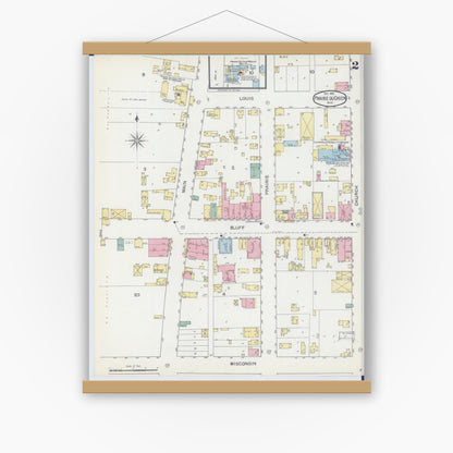 Old map wall art mockup — magnetic wood frame on white wall — Sanborn Fire Insurance Map from Prairie du Chien, Crawford County, Wisconsin (1892), Sheet #0002