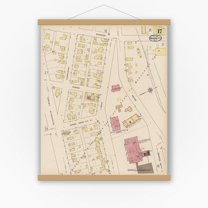 Old map wall art mockup — magnetic wood frame on white wall — Sanborn Fire Insurance Map from Marinette, Marinette County, Wisconsin (1921), Sheet #0017