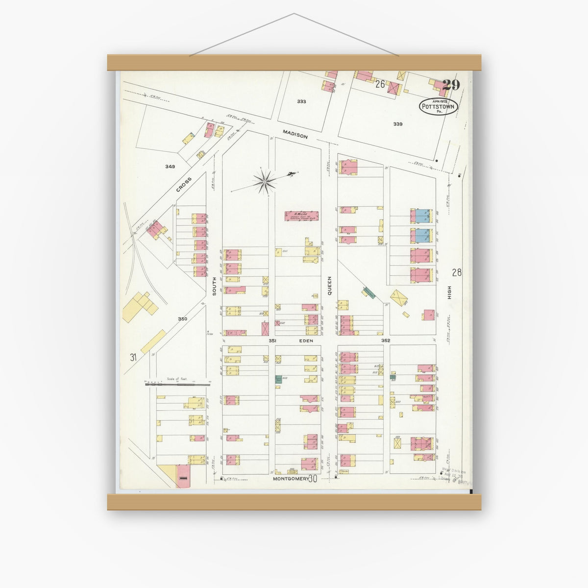 Old map wall art mockup — magnetic wood frame on white wall — Sanborn Fire Insurance Map from Pottstown, Montgomery County, Pennsylvania (1909), Sheet #0029