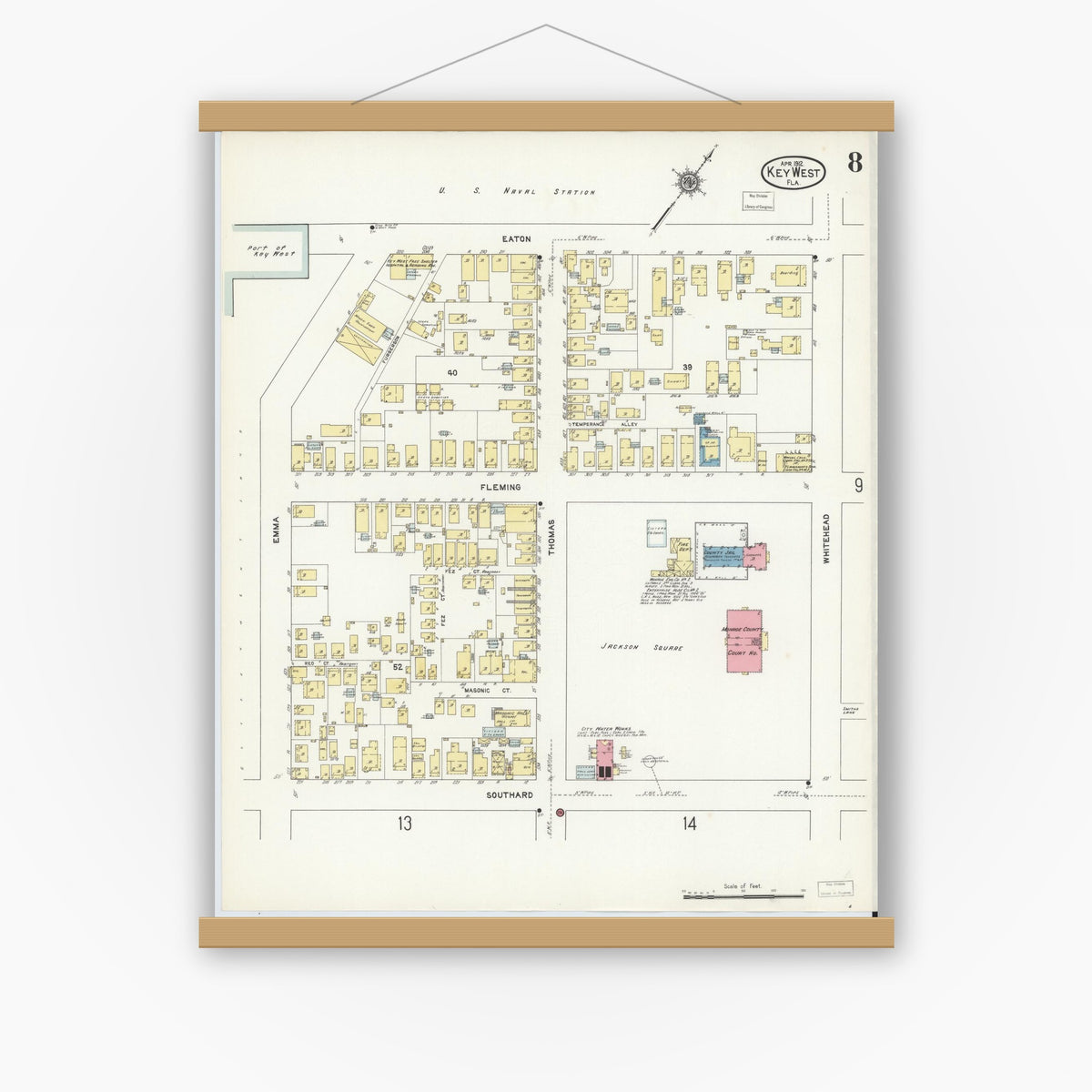 Old map wall art mockup — magnetic wood frame on white wall — Sanborn Fire Insurance Map from Key West, Monroe County, Florida (1912), Sheet #0008