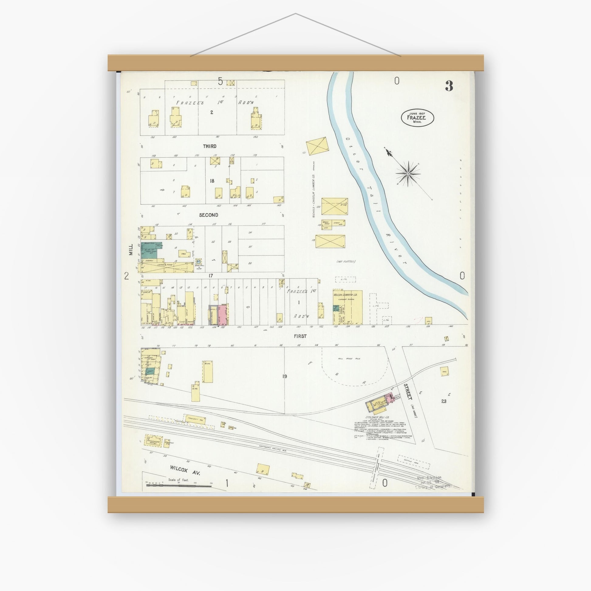 Old map wall art mockup — magnetic wood frame on white wall — Sanborn Fire Insurance Map from Frazee, Becker County, Minnesota (1907), Sheet #0003