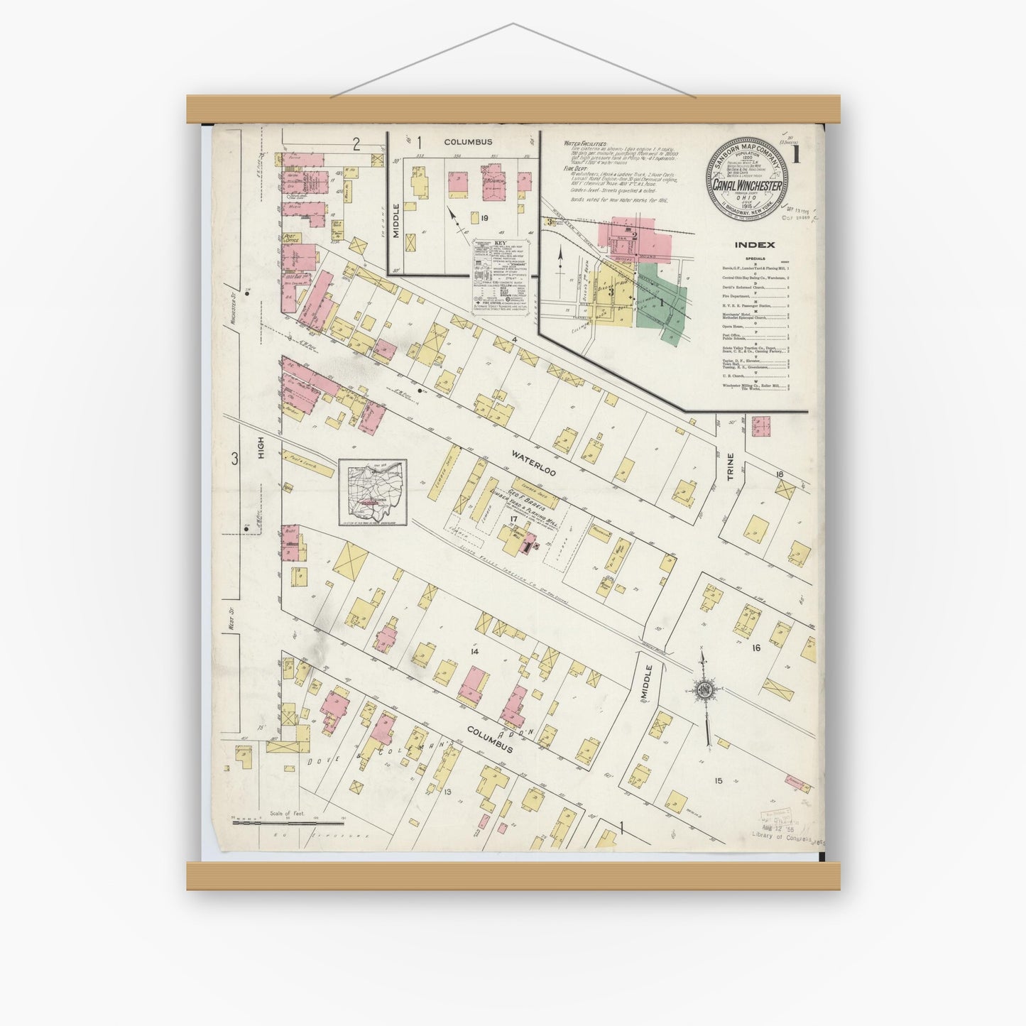 Old map wall art mockup — magnetic wood frame on white wall — Sanborn Fire Insurance Map from Canal Winchester, Franklin County, Ohio (1915) - Complete Map Set