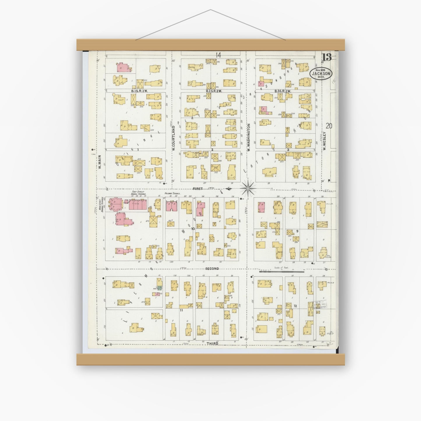 Old map wall art mockup — magnetic wood frame on white wall — Sanborn Fire Insurance Map from Jackson, Jackson County, Michigan (1899), Sheet #0013