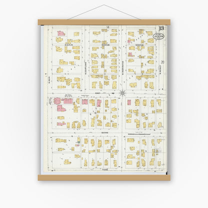 Old map wall art mockup — magnetic wood frame on white wall — Sanborn Fire Insurance Map from Jackson, Jackson County, Michigan (1899), Sheet #0013