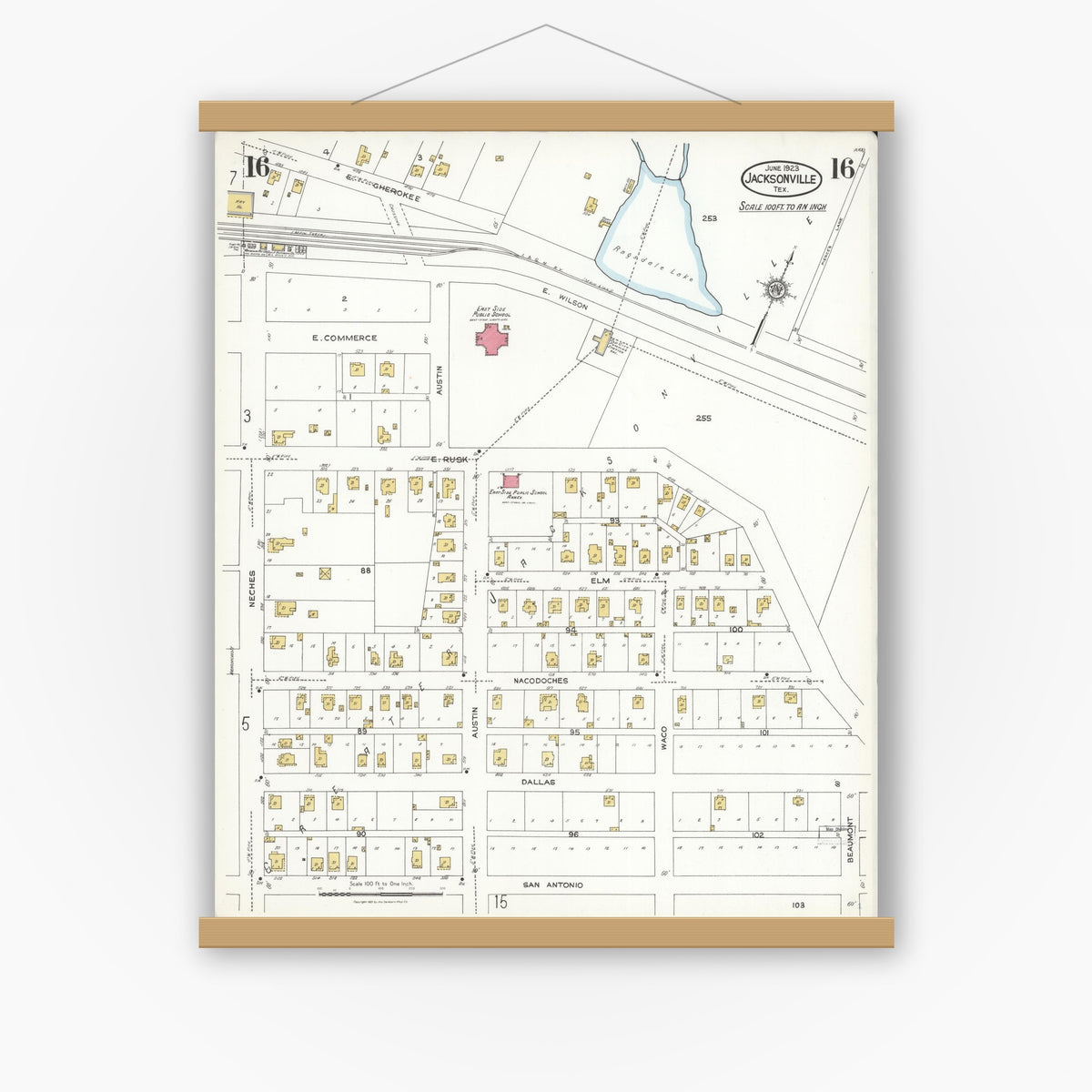 Old map wall art mockup — magnetic wood frame on white wall — Sanborn Fire Insurance Map from Jacksonville, Cherokee County, Texas (1923), Sheet #0016