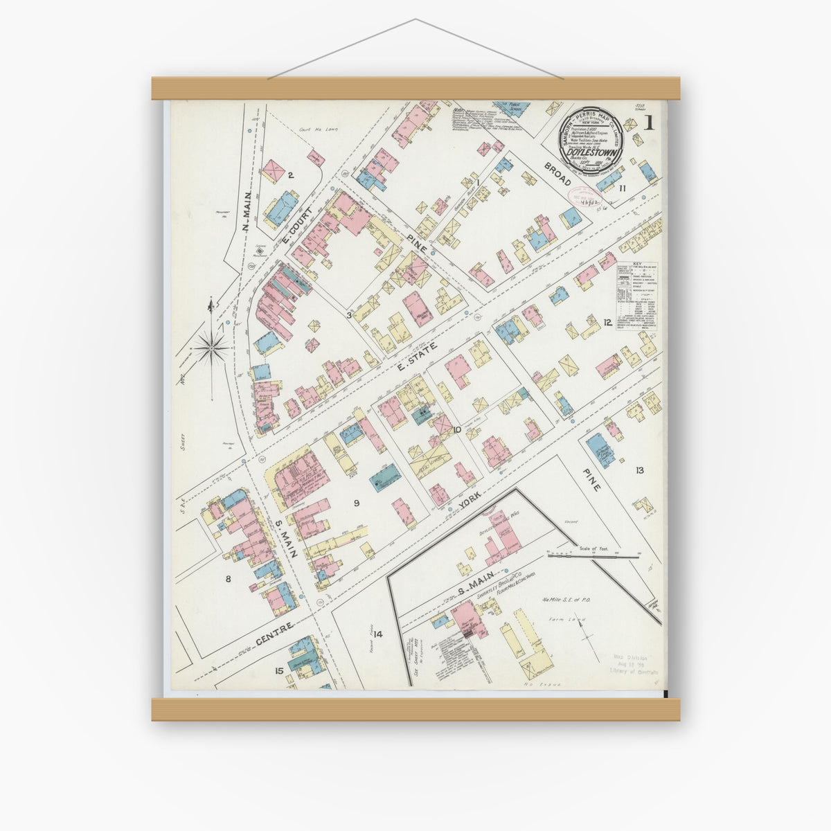 Old map wall art mockup — magnetic wood frame on white wall — Sanborn Fire Insurance Map from Doylestown, Bucks County, Pennsylvania (1891) - Complete Map Set