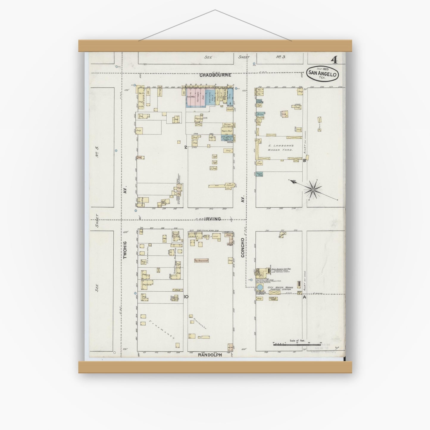 Old map wall art mockup — magnetic wood frame on white wall — Sanborn Fire Insurance Map from San Angelo, Tom Green County, Texas (1889), Sheet #0004