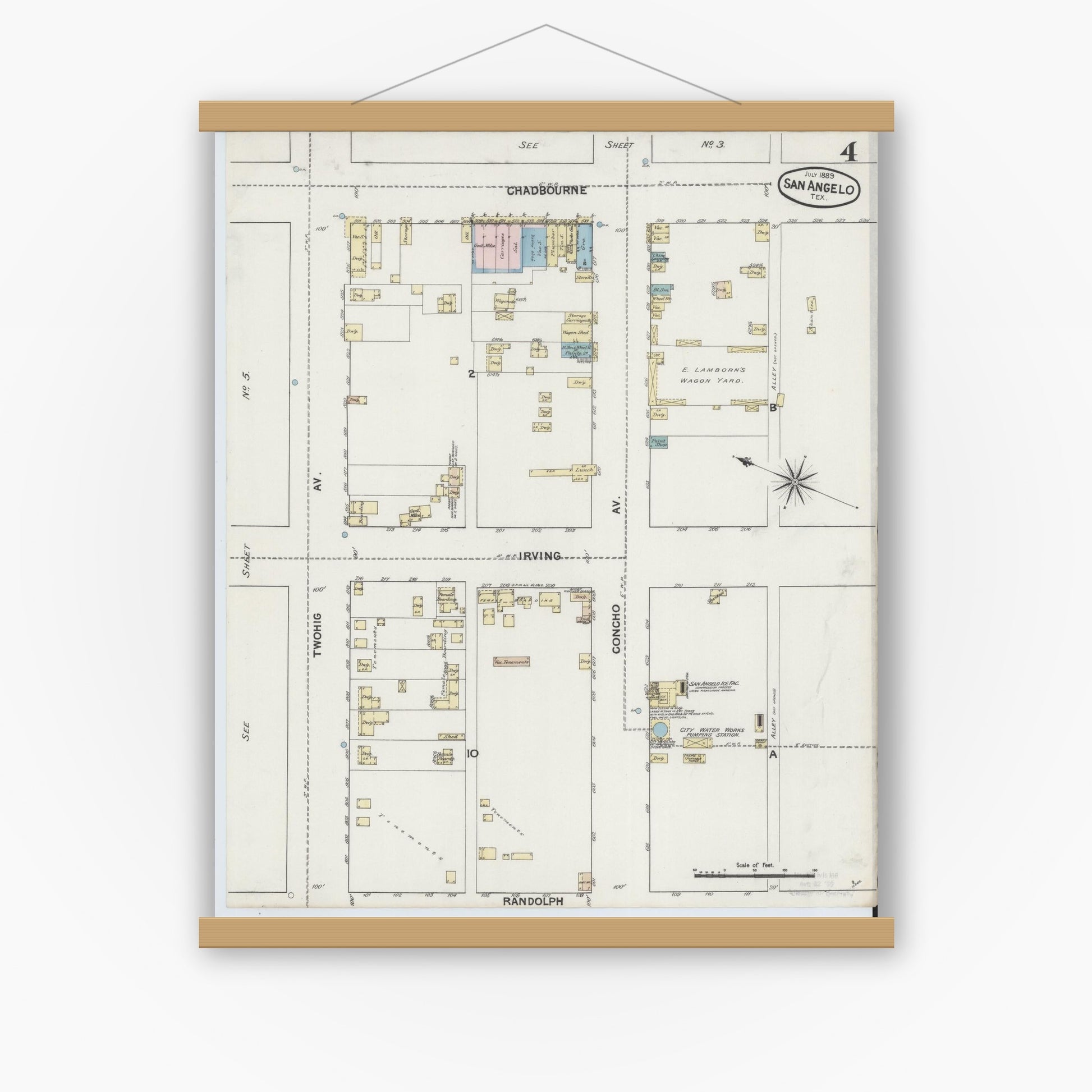 Old map wall art mockup — magnetic wood frame on white wall — Sanborn Fire Insurance Map from San Angelo, Tom Green County, Texas (1889), Sheet #0004
