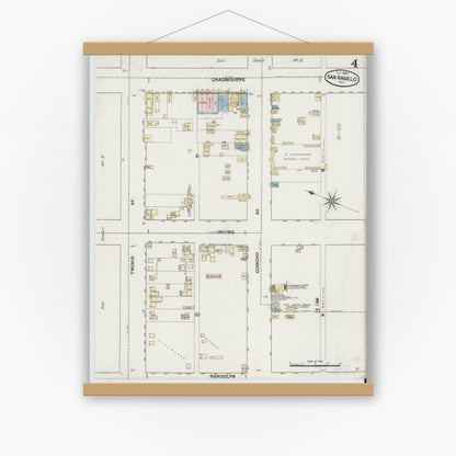 Old map wall art mockup — magnetic wood frame on white wall — Sanborn Fire Insurance Map from San Angelo, Tom Green County, Texas (1889), Sheet #0004