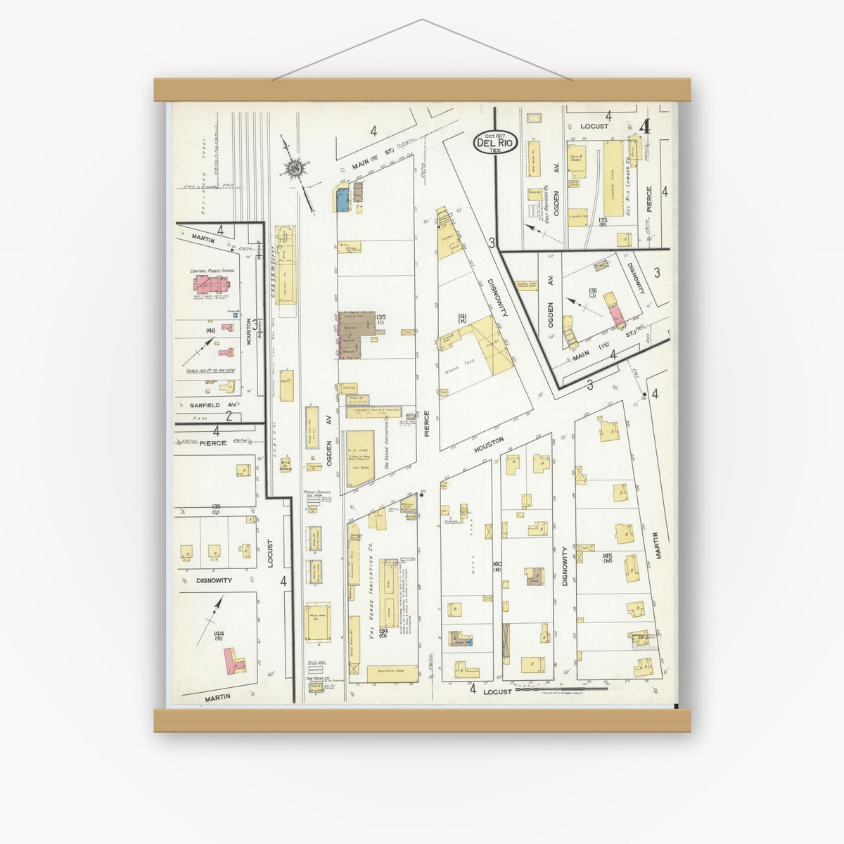 Old map wall art mockup — magnetic wood frame on white wall — Sanborn Fire Insurance Map from Del Rio, Val Verde County, Texas (1917), Sheet #0004