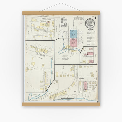Old map wall art mockup — magnetic wood frame on white wall — Sanborn Fire Insurance Map from Tarboro, Edgecombe County, North Carolina (1890), Sheet #0001
