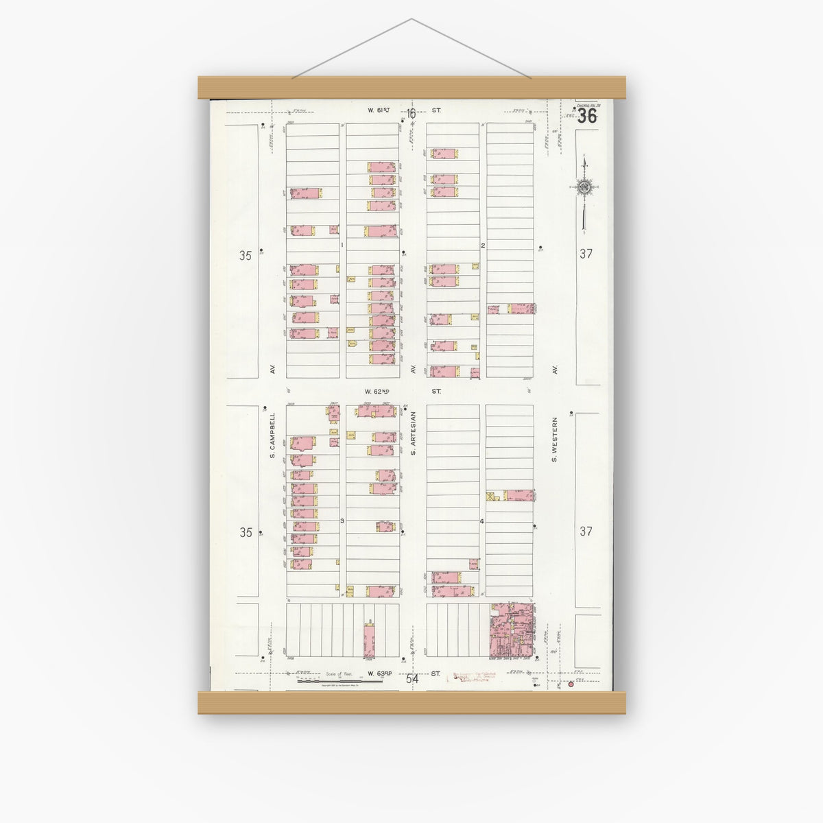 Old map wall art mockup — magnetic wood frame on white wall — Sanborn Fire Insurance Map from Chicago, Cook County, Illinois (1920), Sheet #0036