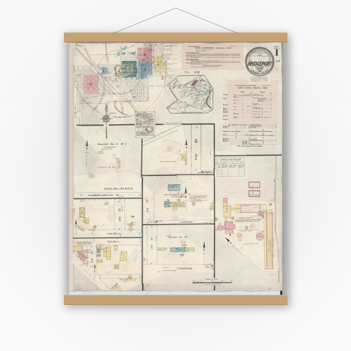 Old map wall art mockup — magnetic wood frame on white wall — Sanborn Fire Insurance Map from Bridgeport, Wise County, Texas (1944) - Complete Map Set