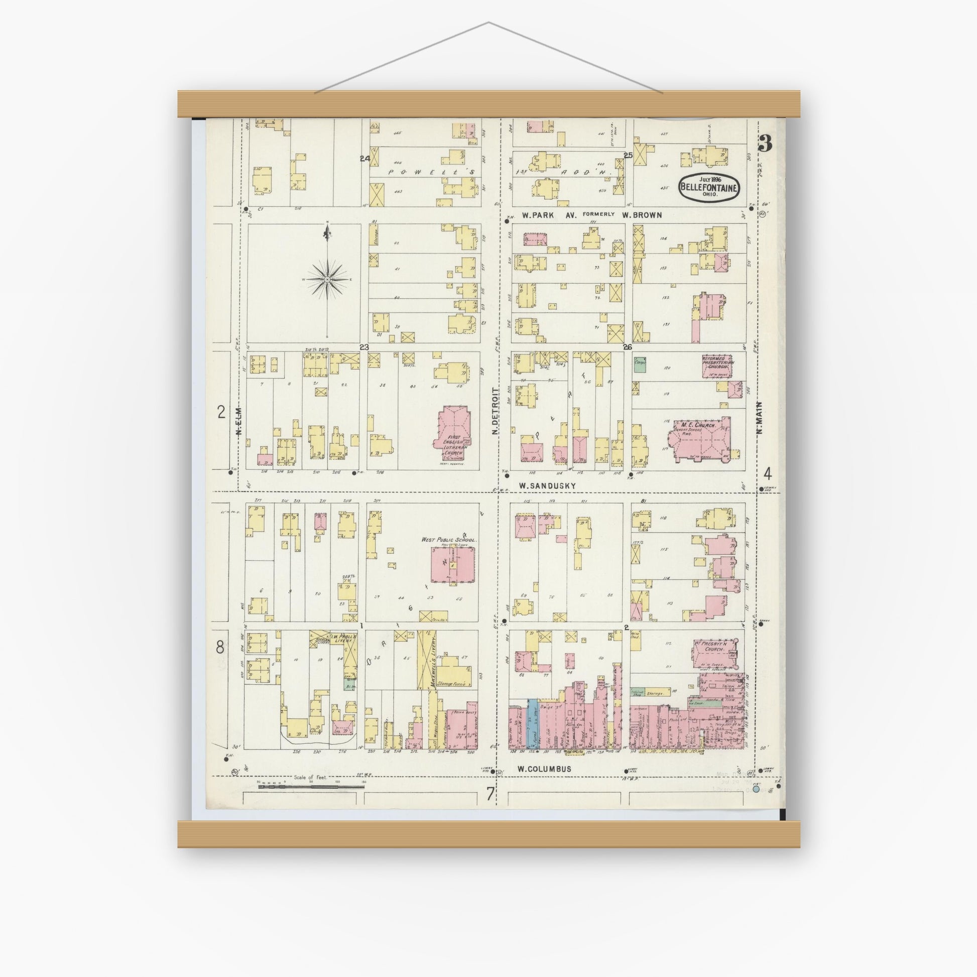 Old map wall art mockup — magnetic wood frame on white wall — Sanborn Fire Insurance Map from Bellefontaine, Logan County, Ohio (1896), Sheet #0003