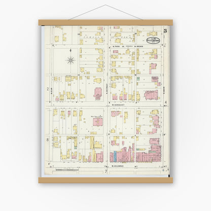 Old map wall art mockup — magnetic wood frame on white wall — Sanborn Fire Insurance Map from Bellefontaine, Logan County, Ohio (1896), Sheet #0003