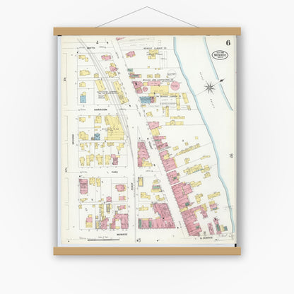 Old map wall art mockup — magnetic wood frame on white wall — Sanborn Fire Insurance Map from Monroe, Monroe County, Michigan (1908), Sheet #0006