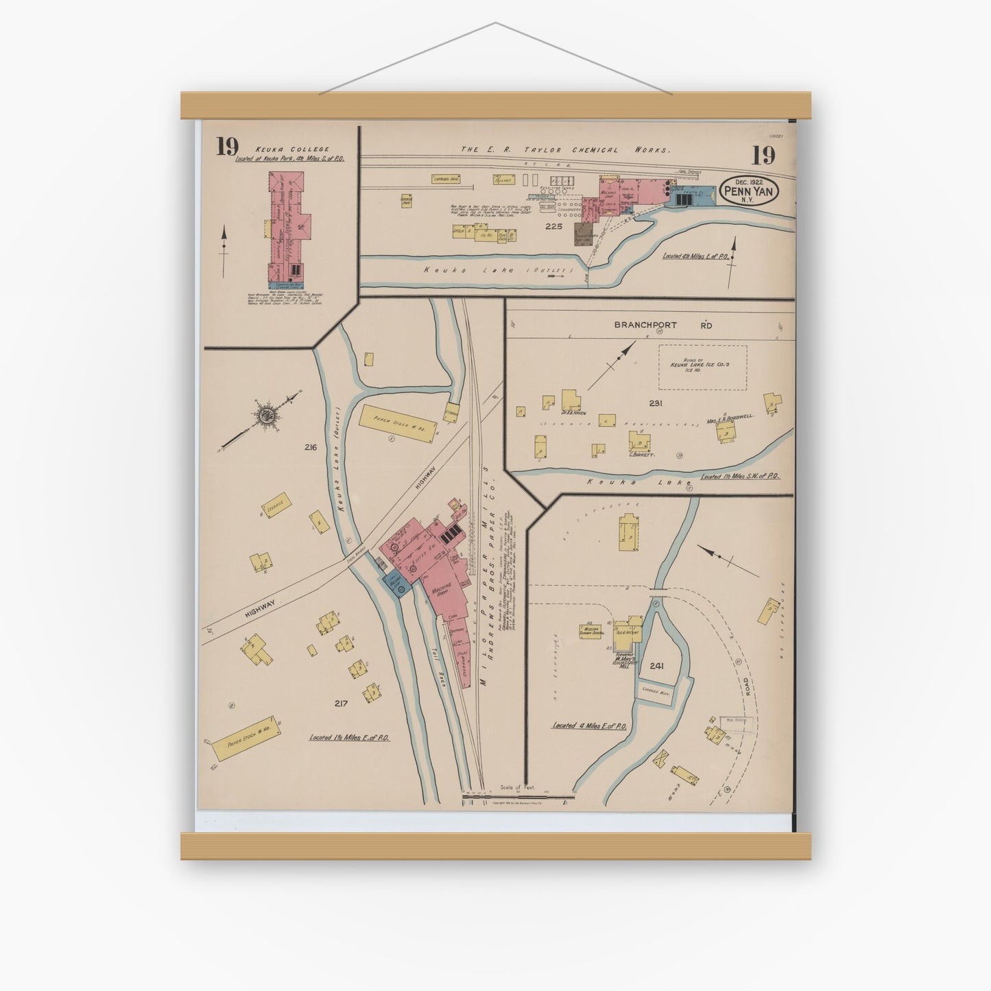 Old map wall art mockup — magnetic wood frame on white wall — Sanborn Fire Insurance Map from Penn Yan, Yates County, New York (1922), Sheet #0019