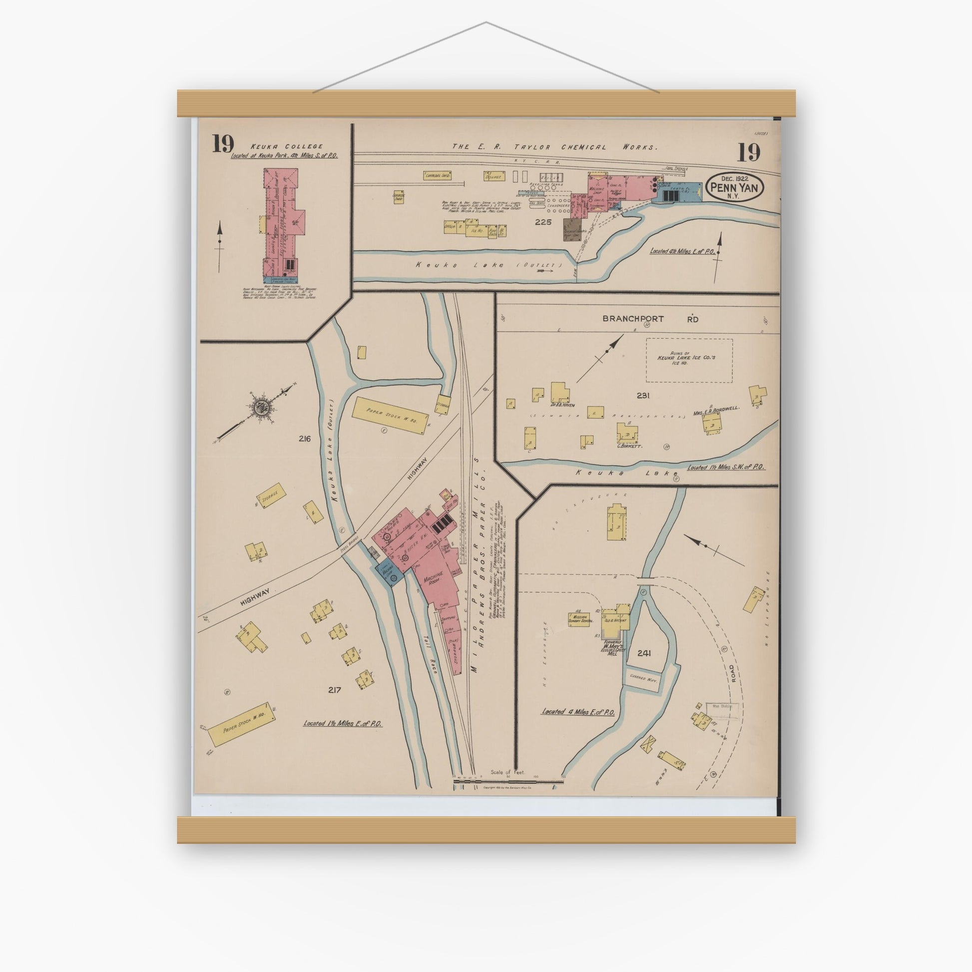 Old map wall art mockup — magnetic wood frame on white wall — Sanborn Fire Insurance Map from Penn Yan, Yates County, New York (1922), Sheet #0019