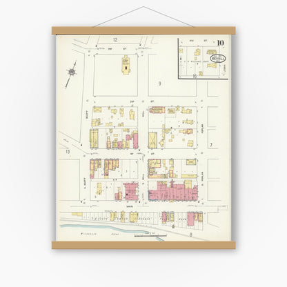 Old map wall art mockup — magnetic wood frame on white wall — Sanborn Fire Insurance Map from Merrill, Lincoln County, Wisconsin (1913), Sheet #0010