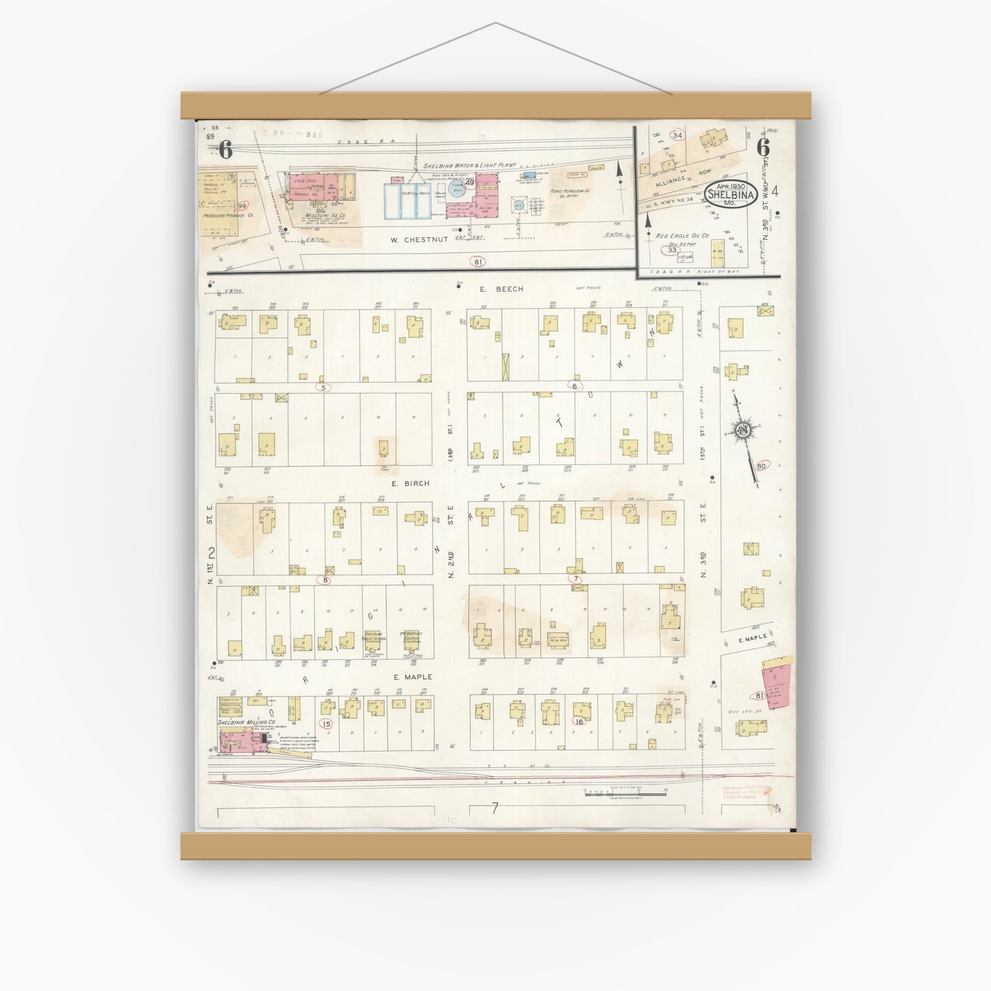Old map wall art mockup — magnetic wood frame on white wall — Sanborn Fire Insurance Map from Shelbina, Shelby County, Missouri (1943), Sheet #0006