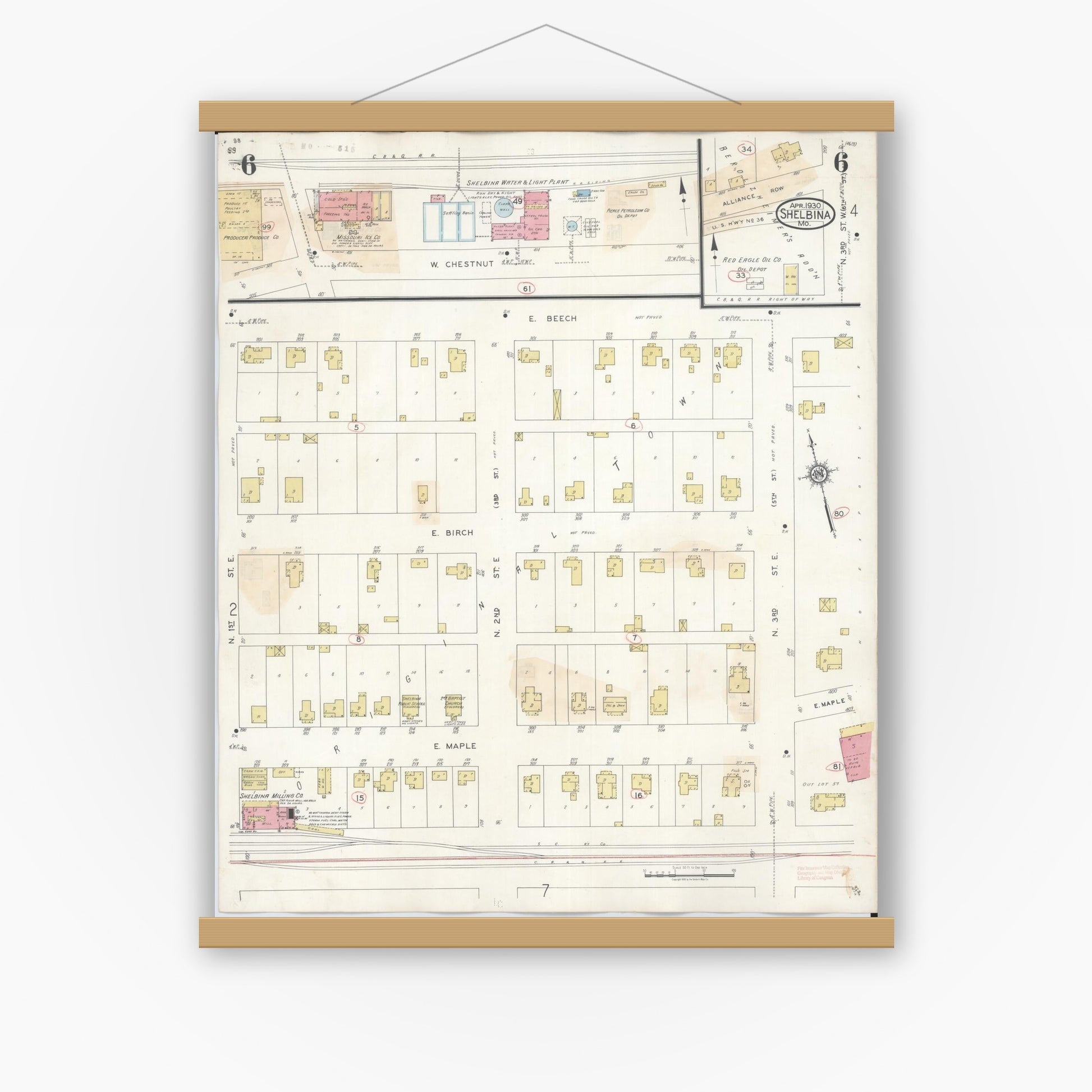 Old map wall art mockup — magnetic wood frame on white wall — Sanborn Fire Insurance Map from Shelbina, Shelby County, Missouri (1943), Sheet #0006