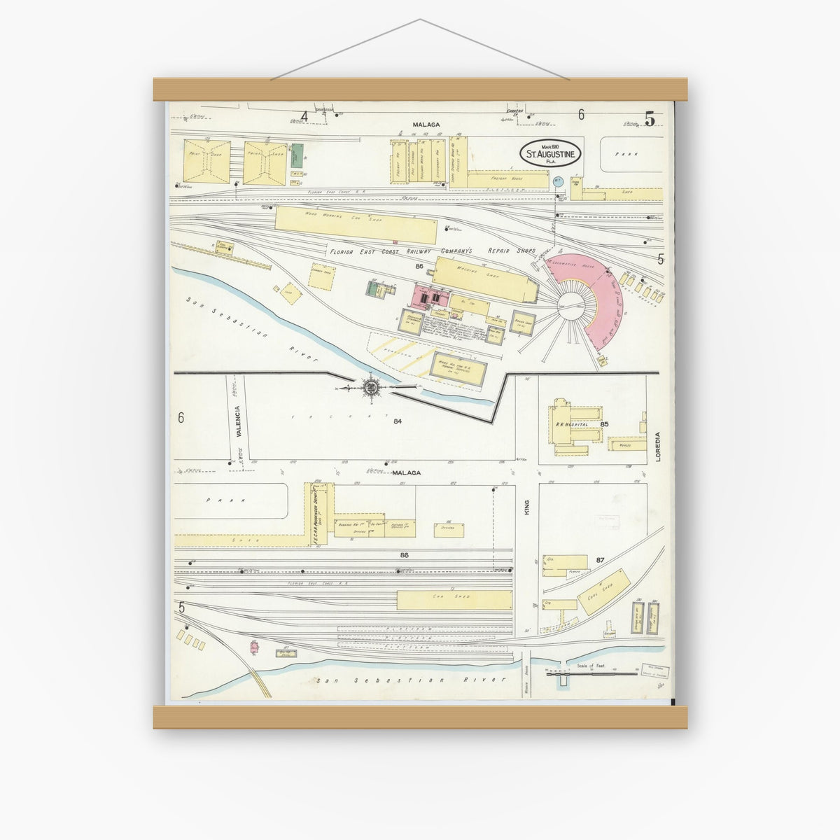 Old map wall art mockup — magnetic wood frame on white wall — Sanborn Fire Insurance Map from Saint Augustine, Saint John's County, Florida (1910), Sheet #0005