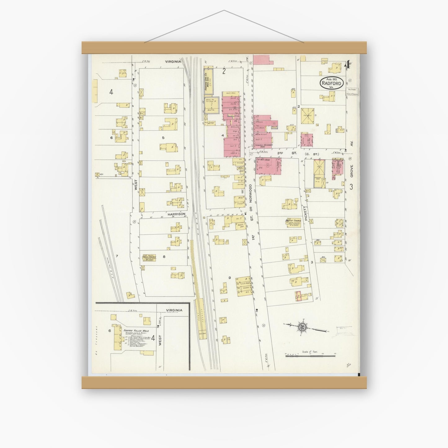 Old map wall art mockup — magnetic wood frame on white wall — Sanborn Fire Insurance Map from Radford, Independent Cities, Virginia (1913), Sheet #0004