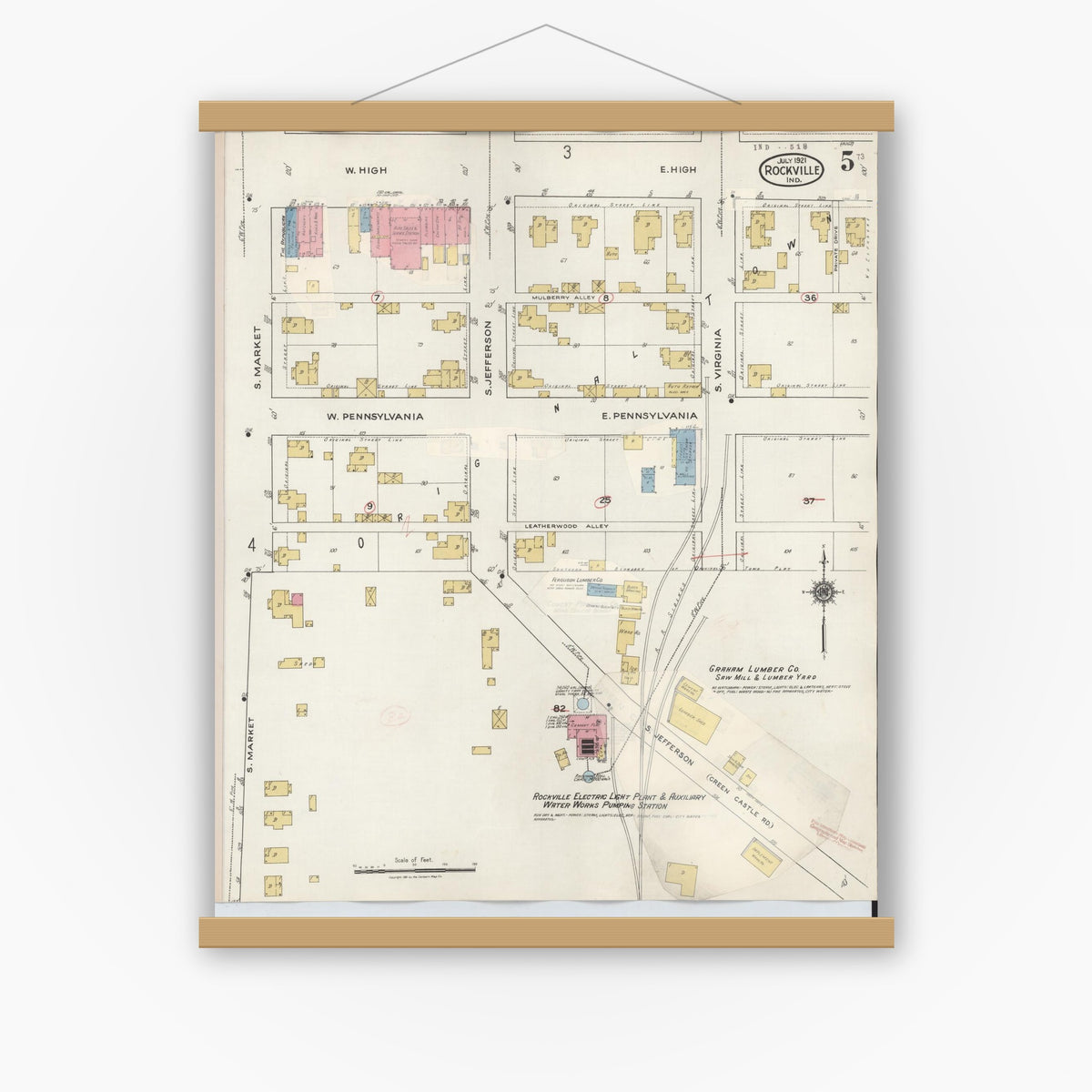 Old map wall art mockup — magnetic wood frame on white wall — Sanborn Fire Insurance Map from Rockville, Parke County, Indiana (1932), Sheet #0005